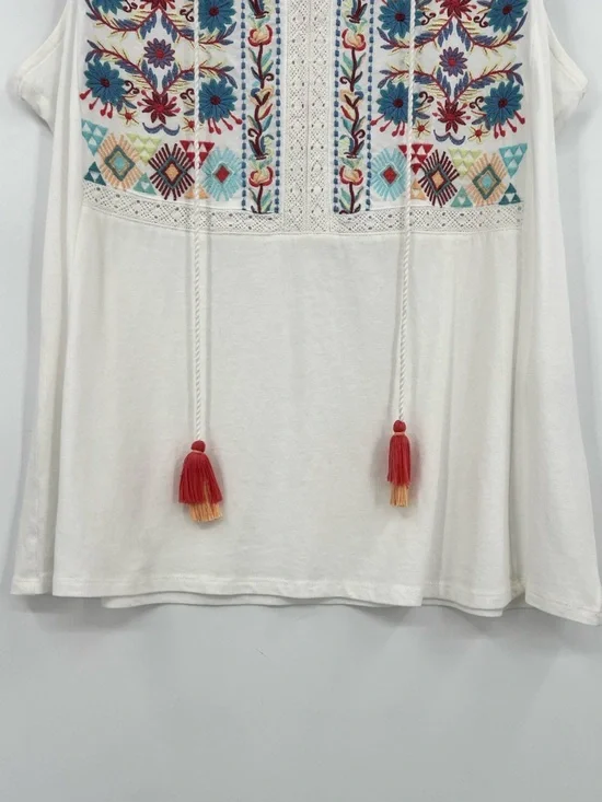 J. Jill Embroidered Sleeveless Knit Tank Top Tassel Tie Floral White Boho Medium - Picture 8 of 14